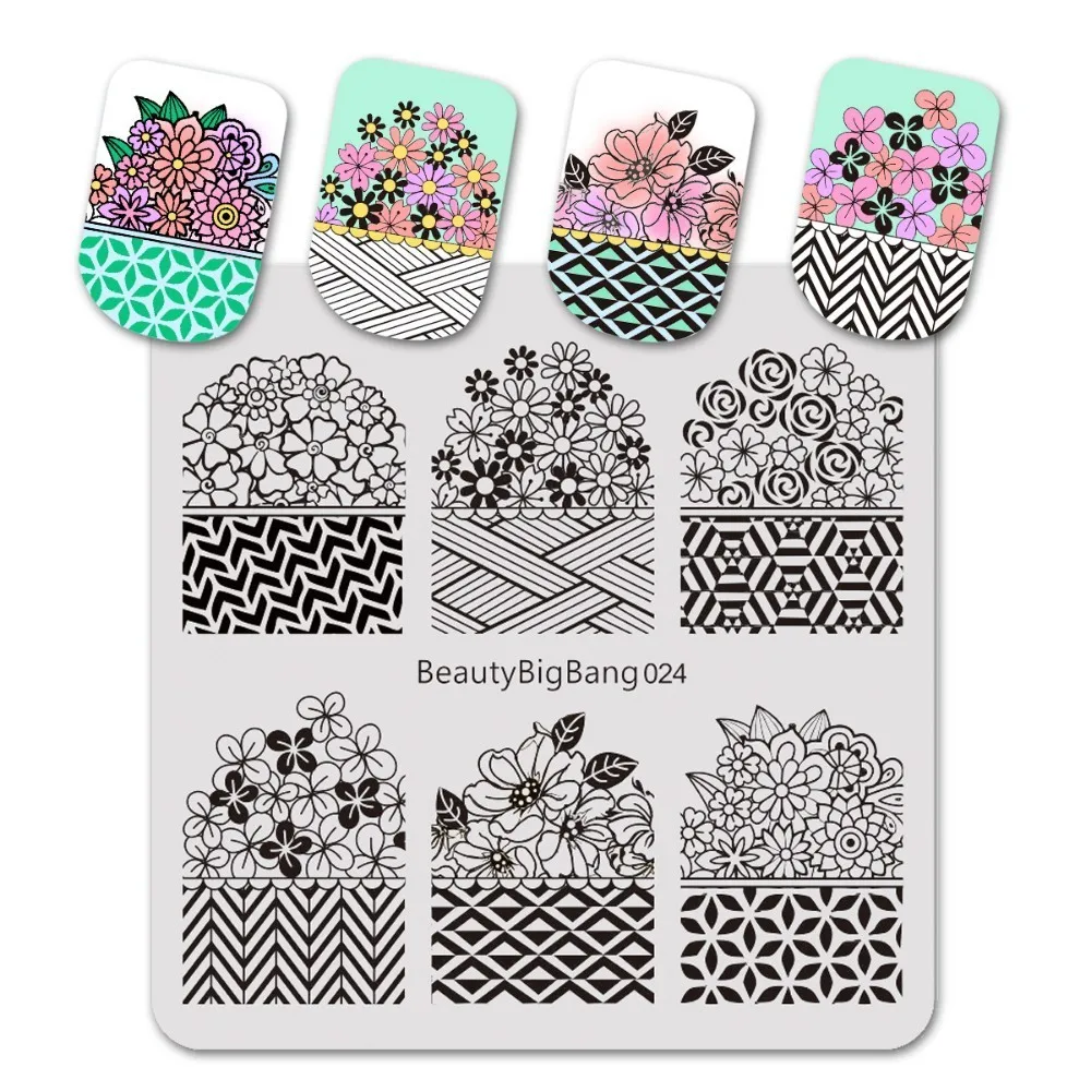 

BeautyBigBang 6*6cm Square Nail Stamping Plates Plaid Flower Pattern Nail Art Stamp Stamping Template Image Plate Stencils