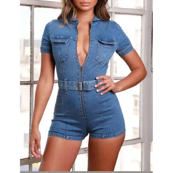 

Summer Women Jeans Jumpsuit Romper Female Zipper Pockets Party Club Overalls Fashion Belt Denim Jumpsuit
