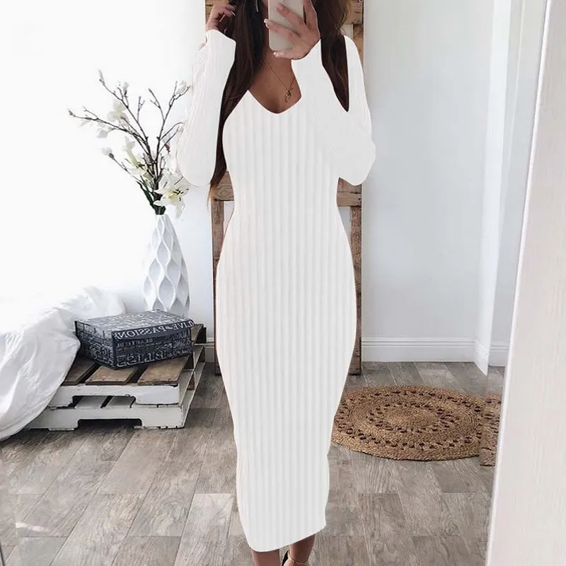 

New Knitted Dress Noodles Elastic Long Sleeve Bodycon Dress Slim Party Dress