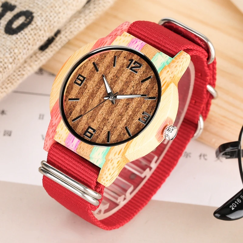 Creative Cork Slag Striped Colorful Wood Watch Men s Luminous Hands Clock Ladies Dress Nylon Band 2