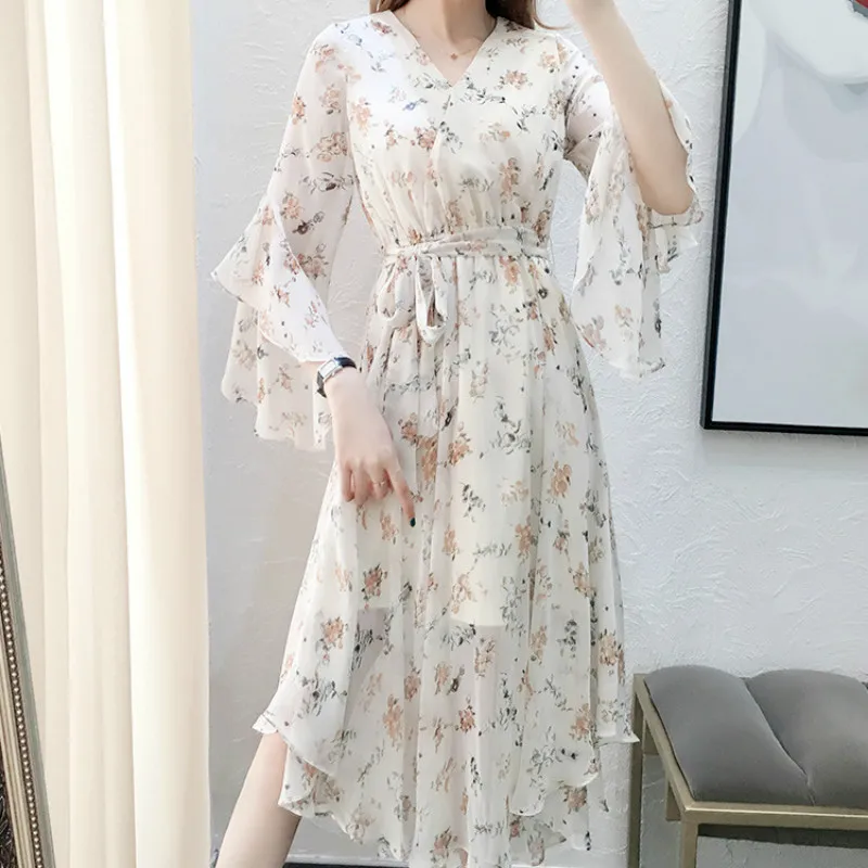 

Summer Dress Large Size Women's Fashion Elegant Slim Slimming V-neck Chiffon Floral Long Dress