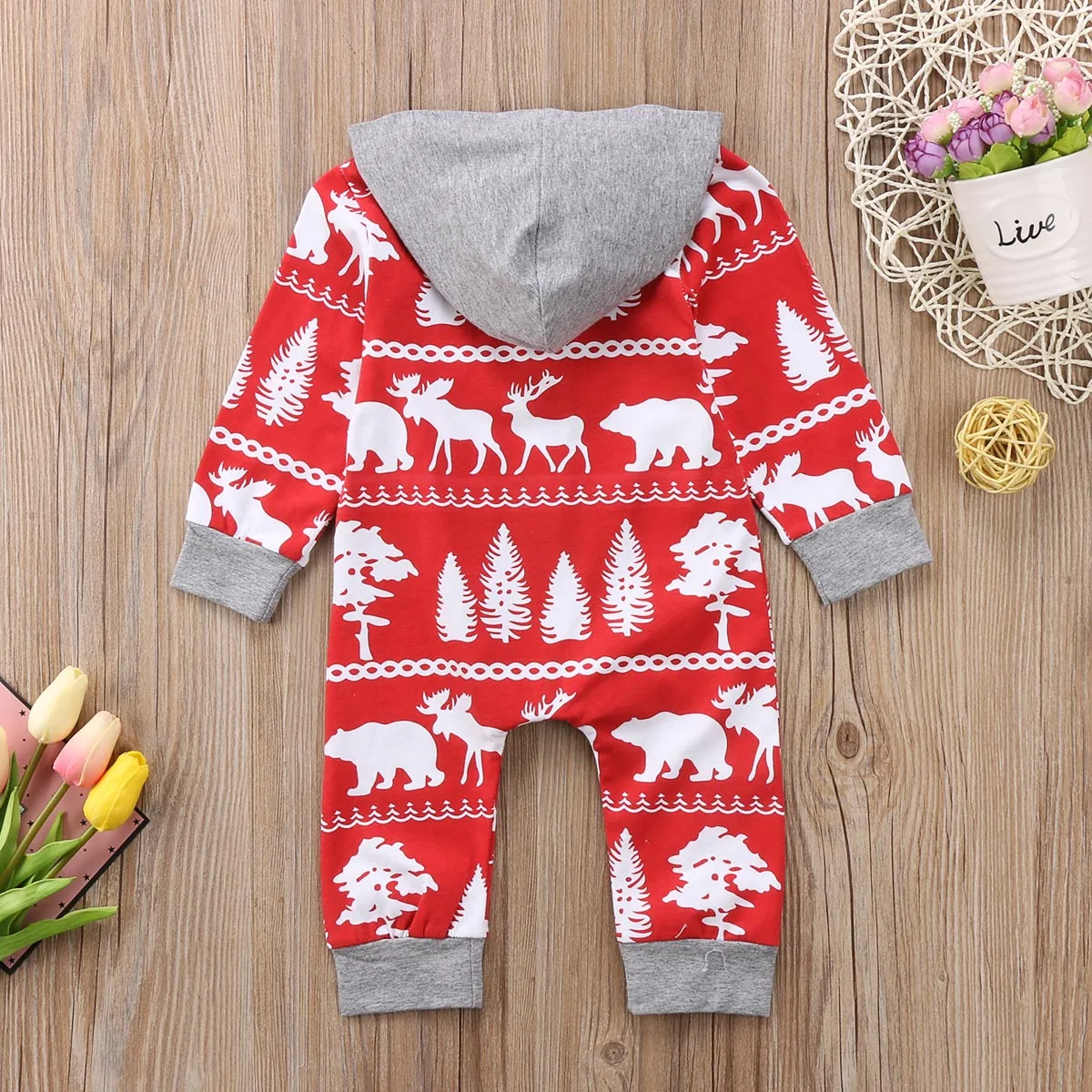 Комбинезон для новорожденных мальчиков и девочек с принтом рождественского оленя; комбинезон на молнии с капюшоном; костюм для подвижных игр; милая праздничная одежда