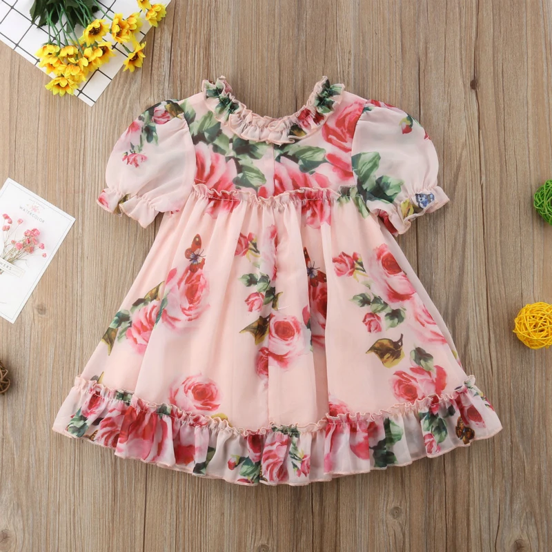 Floral Print Girls Dress Newborn Kids Baby Flower Short Sleeve Party Pageant Princess Dress Tulle Formal Kids Dresses For Girls