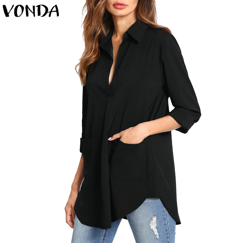 VONDA Women Blouses 2019 Autumn Female Shirts Sexy V Neck Long Sleeve