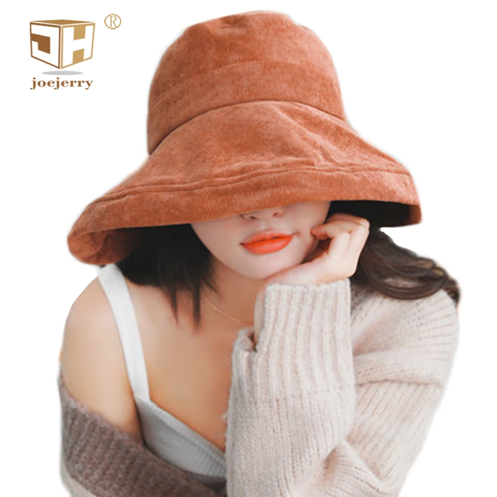 JOEJERRY Corduroy Bucket Hat Women Fisherman Japanese Hat Large Brim Sun Hat Yellow Black Oragen