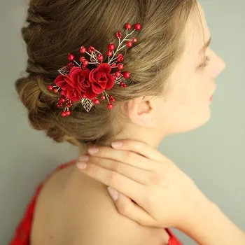 

Red Rose Flower Hair Accessories Women Hairwear Hair Clip Hairpins Ornaments Bridal Wedding Dress Barrette Wedding Decoration