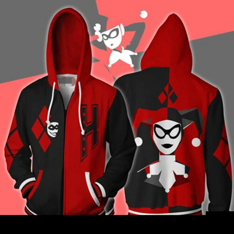 Мужская толстовка на молнии с 3D принтом Harley Quinn черная и Красная в стиле аниме