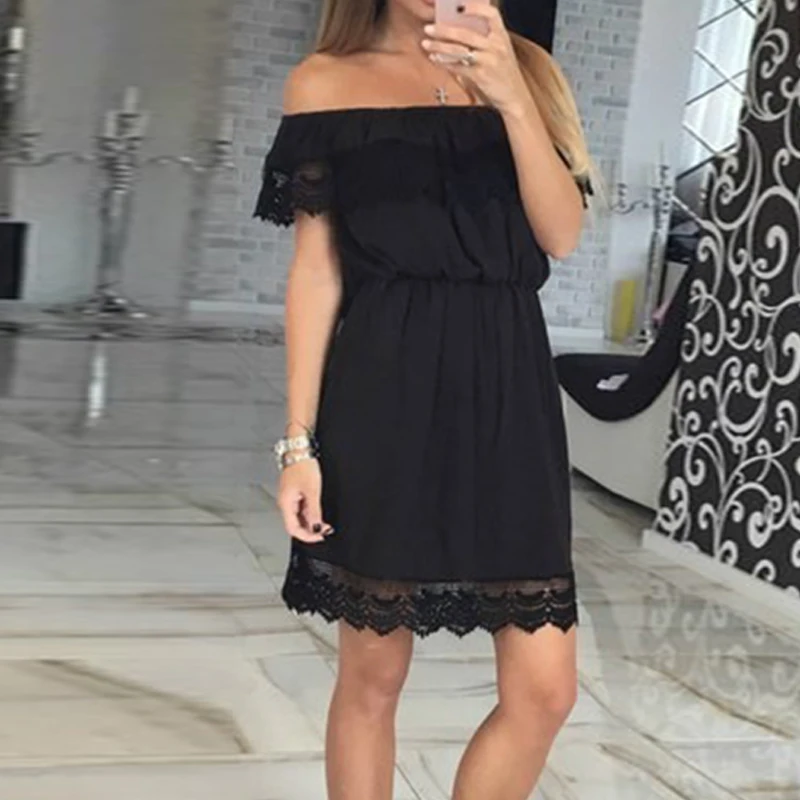 

Lace Patchwork Dress Woman Casual Summer Short Sleeve Dresses Elegant Ladies Sexy Off Shoulder Lace Dress Party Sundress Dresses