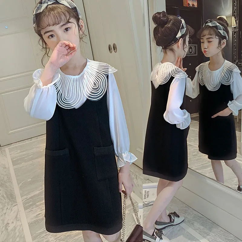 

2 Pcs Dress Big Girls Kids Clothing Sets Girls Outfit Set Black Sleeveless Dresses + White Long Sleeve Shirts Clothes Suits