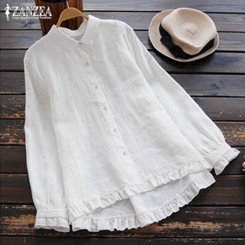  Plus Size Ruffle Top Vintage Women Linen Blouse Female Button Down Shirt 2019 ZANZEA Asymmetrical B