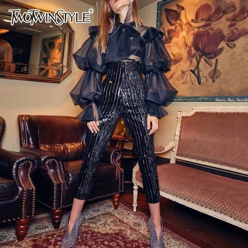 Online TWOTWINSTYLE 2019 primavera leopardo estampado camisa blusa mujer Bowknot encaje Puff manga larga Chiffon blusas Mujer Vintage moda