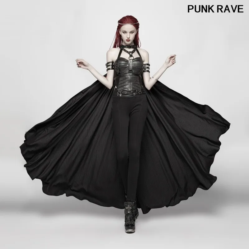 

Gothic rock Sexy charming wild Club Halloween Long Cape Fashion Women Black Strap Silver Chains decoration Coat PUNK RAVE Y-968