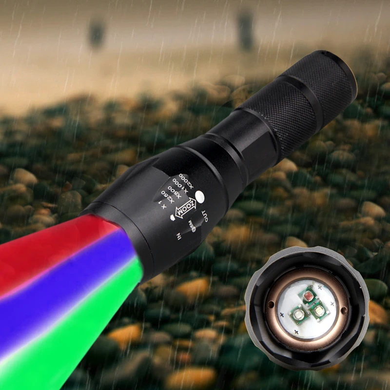 3 цвета красный зеленый синий свет 3 в 1 фонарик Открытый Мощный тактический охотничий фонарь масштабируемый Факел+ 18650+ USB зарядное устройство
