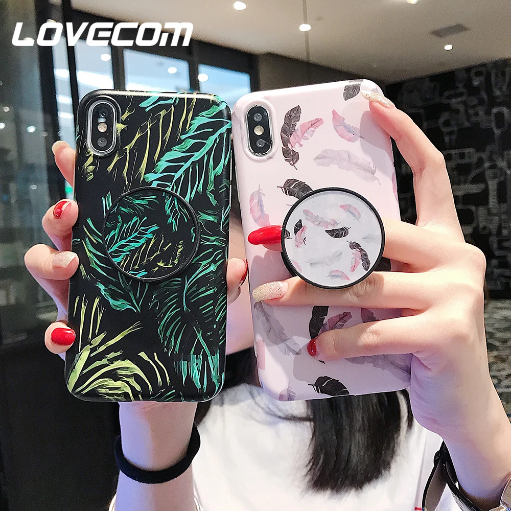 

LOVECOM Retro Feather Leaf Case Foldable Kickstand Holder For iPhone X XS XR XS Max 6 6S 7 8 Plus Soft IMD Protector Phone Cover