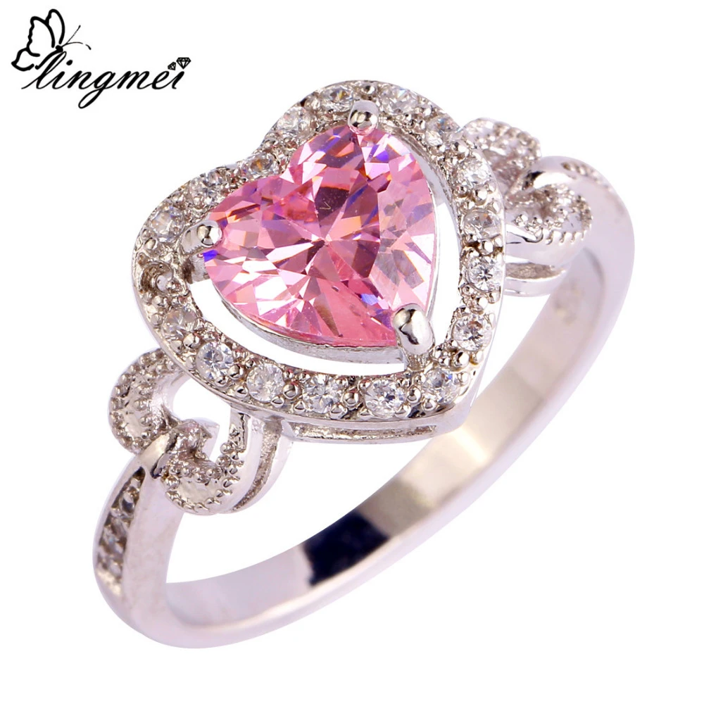 Lingmei Love Wedding Engagement Pink & White Cz Silver Color Ring Size
