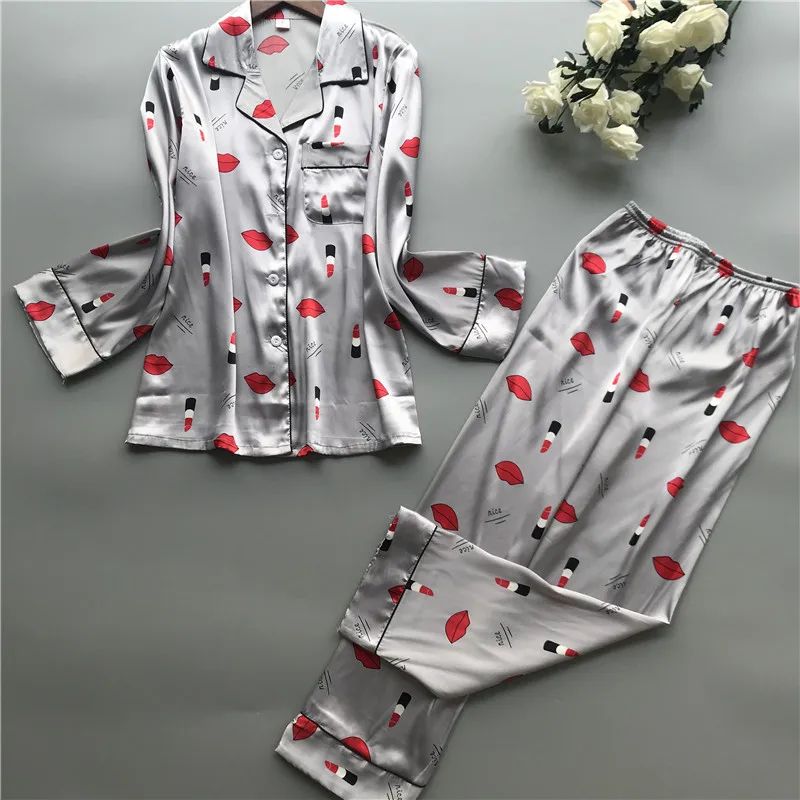 

Flower Print 2019 Summer Women Pajamas Sets Satin Pyjamas with Pants Long Sleeve Female Nightsuit Sleepwear Pijama Mujer