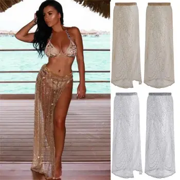 

Sexy Women Belly Dancing Skirt Long Shiny Rhinestone Chain Sequin Skirt Wrap Sarong High Waist Split Transparent Dancing Skirt#2