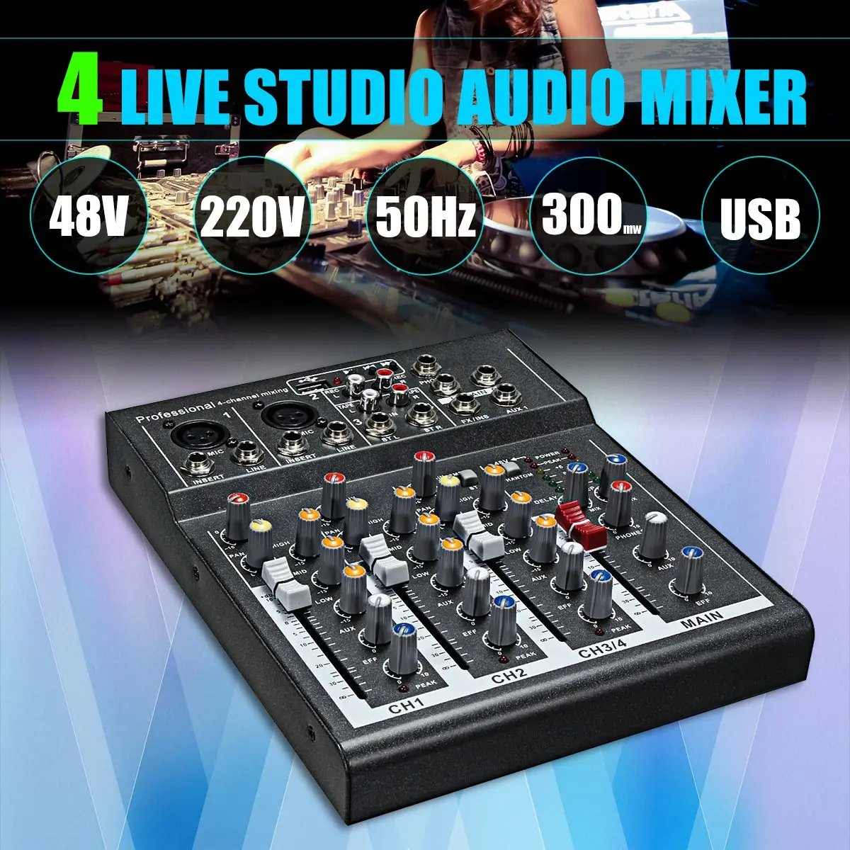 ЕС Plug Мини Портативный аудио микшер с Usb Dj звук микшерный пульт Mp3 Jack 4 канала караоке 48 в усилитель для караоке Ktv Ma