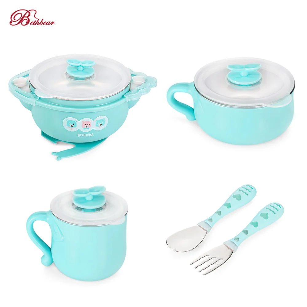 5PCS Baby Suction Cup Thermal Insulation Bowl Milk Cup Spoon Fork Salad