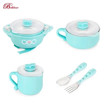

5PCS Baby Suction Cup Thermal Insulation Bowl Milk Cup Spoon Fork Salad Bowl Milk Cup Ableware Set For Baby Solid Feeding