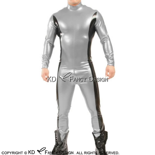 

Black With Pewter Sexy Latex Catsuit With Shoulder Zippers Rubber Bodysuit Zentai Overall LTY-0261