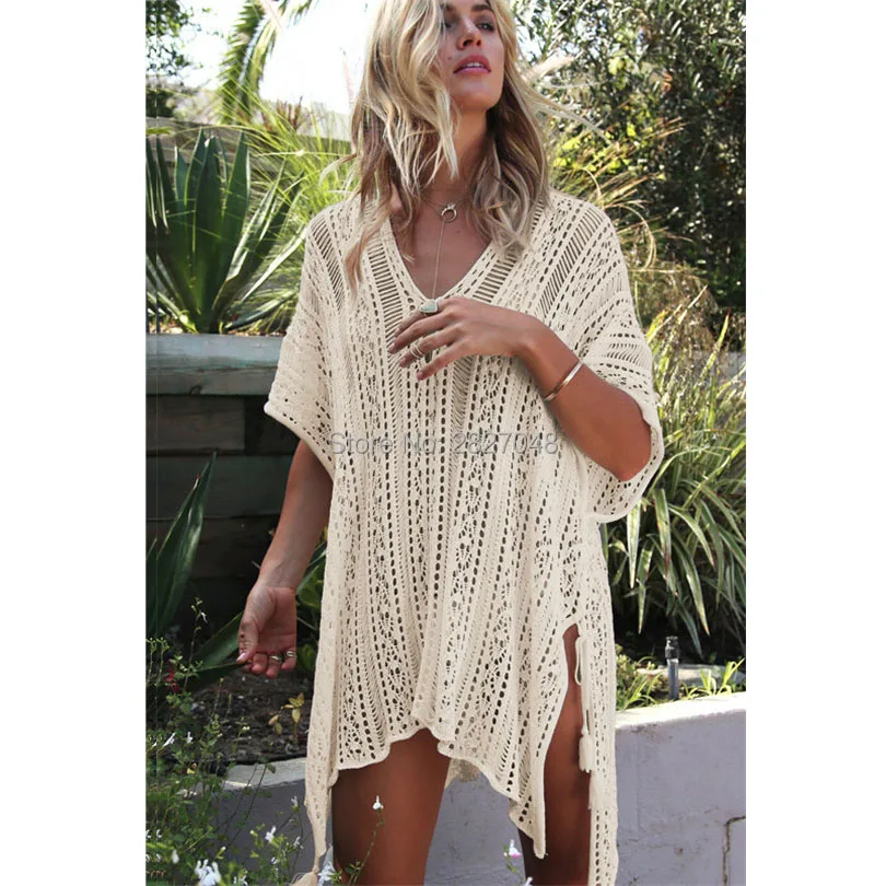 

Sexy Crochet beach V Neck Cover Up Split Swimwear Summer Outings Swimsuit See-through Cover Ups Women Beach Wear Dress