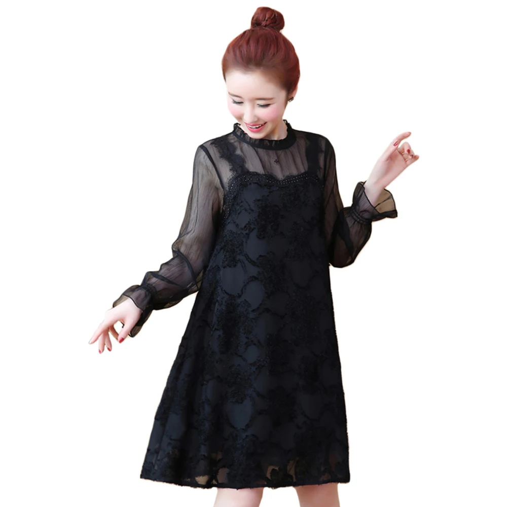 

Spring Summer New Casual Women O-neck Flare Sleeve Lace Dresses Elegant Black A-line Mini Party Dress Vestidos Plus Size 5XL