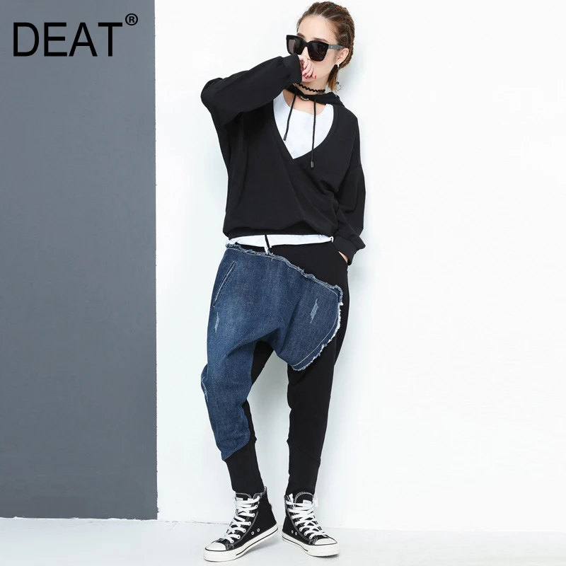 

[DEAT] 2019 Spring New Pattern Fashion Personality Denim Stitching Elatic Waist Cross-pants Tide Loose Women Trousers YC2230