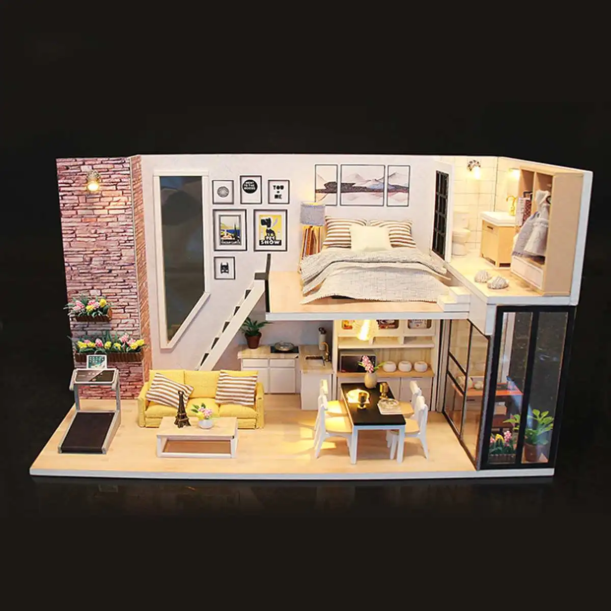 Zerodis Wooden Diy Miniature Pink Loft Doll House Model Kits