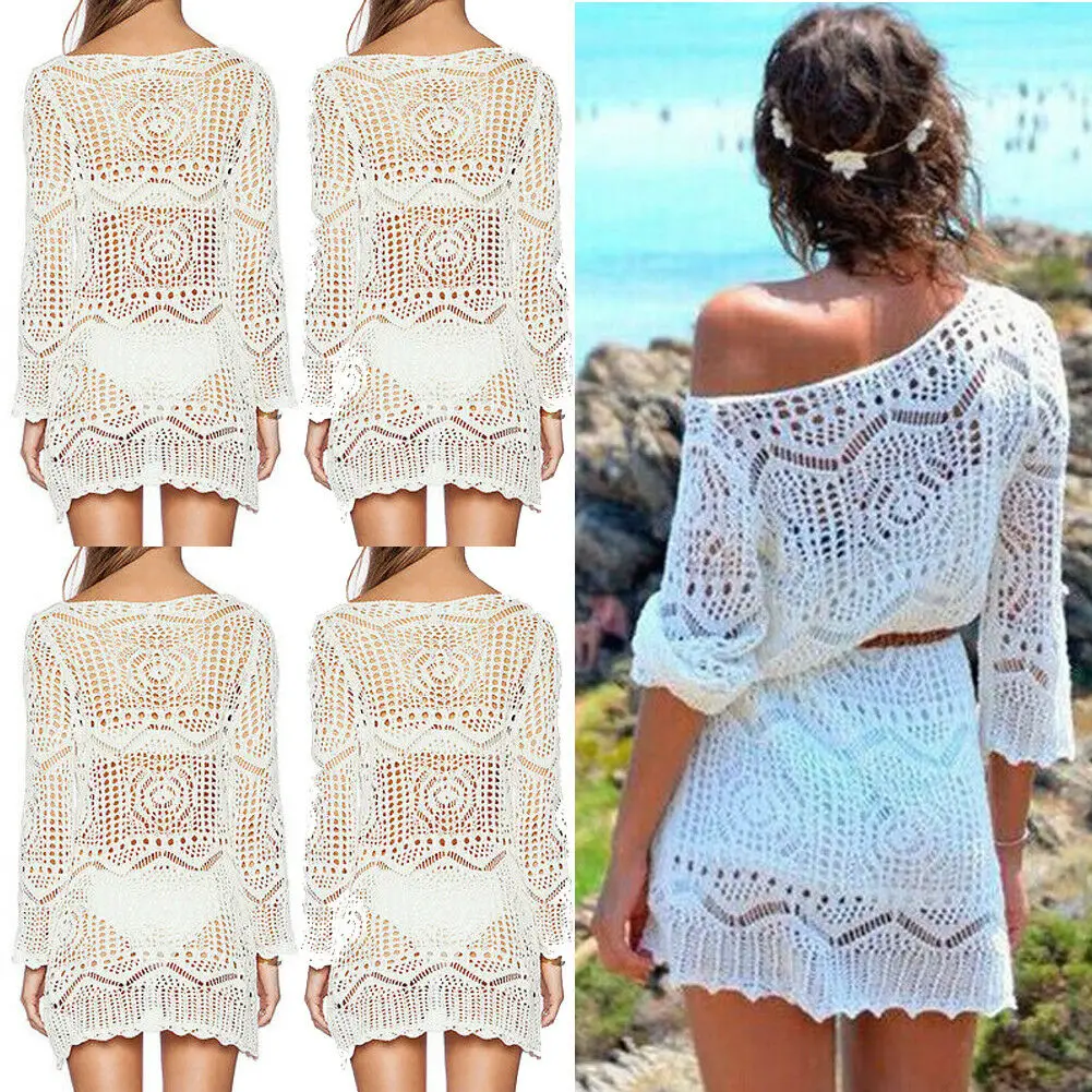 

2019 New Lace Long Sleeves Women Bikini Cover Up Summer Dress Sundress Casual Mini