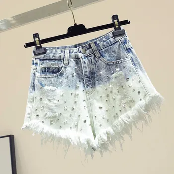 

Gradient rivets denim shorts women 2019 summer high waist wide leg jeans S,M,L