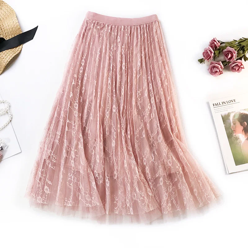 

Women Lace Half-body Tulle Pleated Skirt Female High Waist mesh A-line casual loose Long tutu Skirts black pink yellow