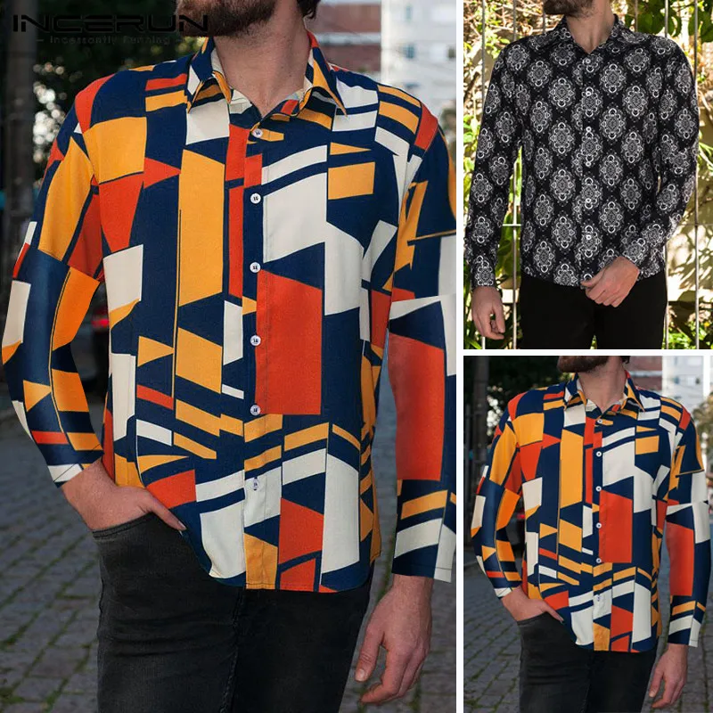 

Fashion Hawaiian Men Tops Beach Social Dress Shirts Clothes Geometric Pattern Long Sleeve Tee Lapel Collar Loose Vacation Blouse