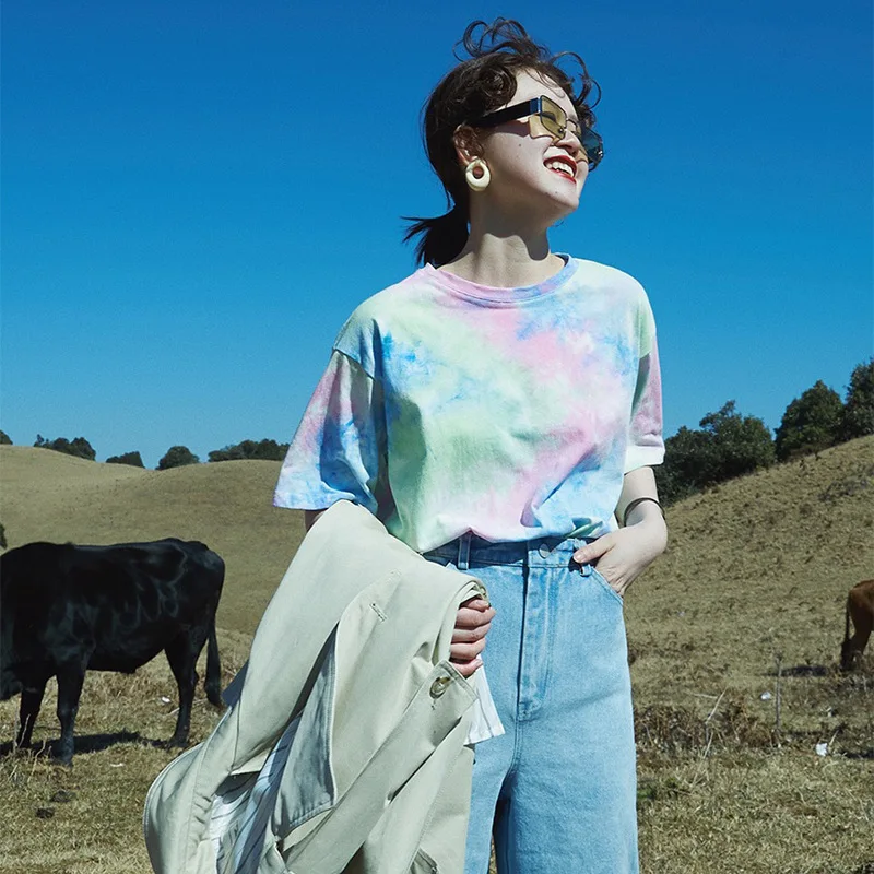

Vintage Tie-dyed O Neck Cotton Loose Women T-shirt 2019 Summer Casual Female Tees Pullovers