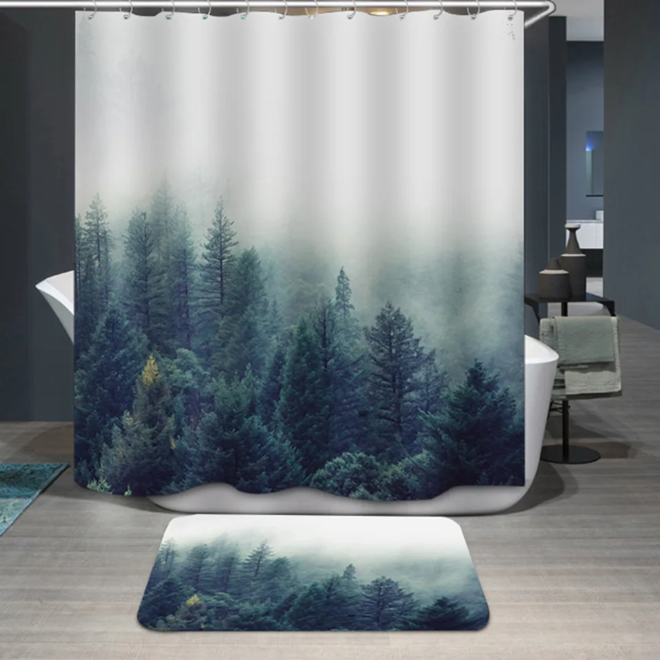 Waterproof Shower Curtains Landscape Forest 3D Printed Bathroom