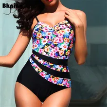 Bknin Pink Floral Print Swimsuit Large Size Swimwear Plus Strappy Badpak Female 2019 Push Up 1 One Piece Swim Suit 3XL 4XL 5XL