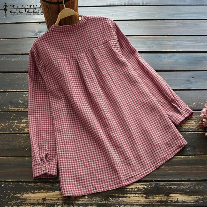  2019 ZANZEA Women Long Sleeve Check Plaid Blouse Female Button Down Shirt Elegant O Neck Blusas Che