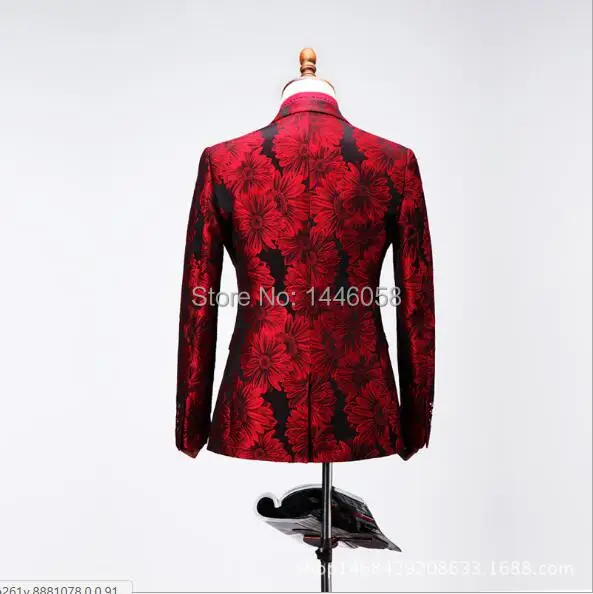 Costume Homme Red Printed Double Breasted Suits For Men Terno Masculino Men's Tuxedo Prom Party Suits Floral Wedding Groom Suit