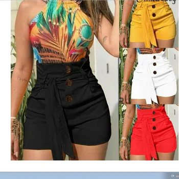 

New Womens High Waist Summer Casual Button Fashion Solid Beach Belt Hot Shorts