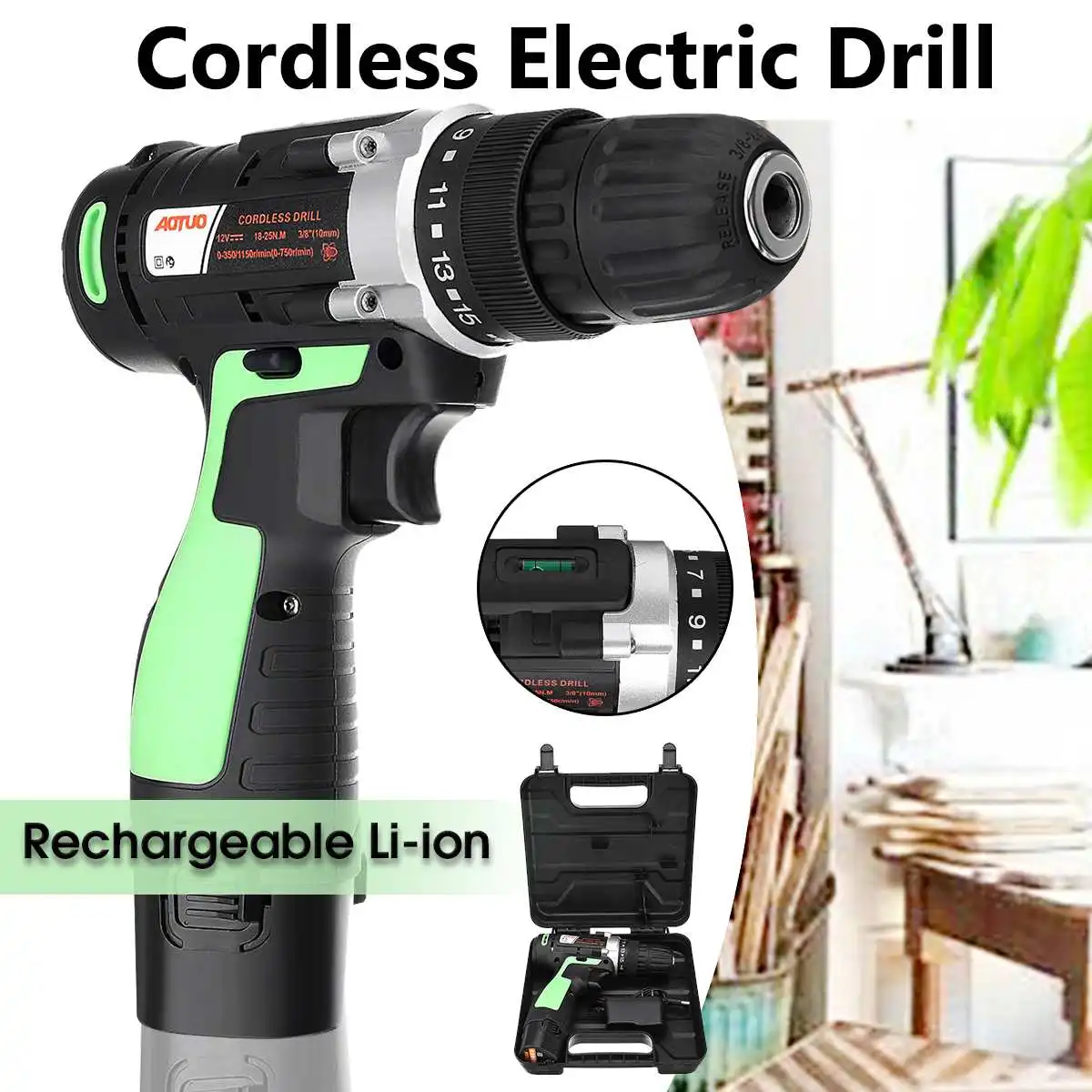 

12V Battery Rechargeable Cordless Drill Electric Screwdriver Power Driver 3/8'' With LED Light Power Tools For Home Woodworking