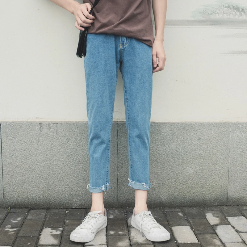 

Men's jeans 2019 summer new solid color nine-point jeans ripped jeans loose casual jeans personality youth men's wear