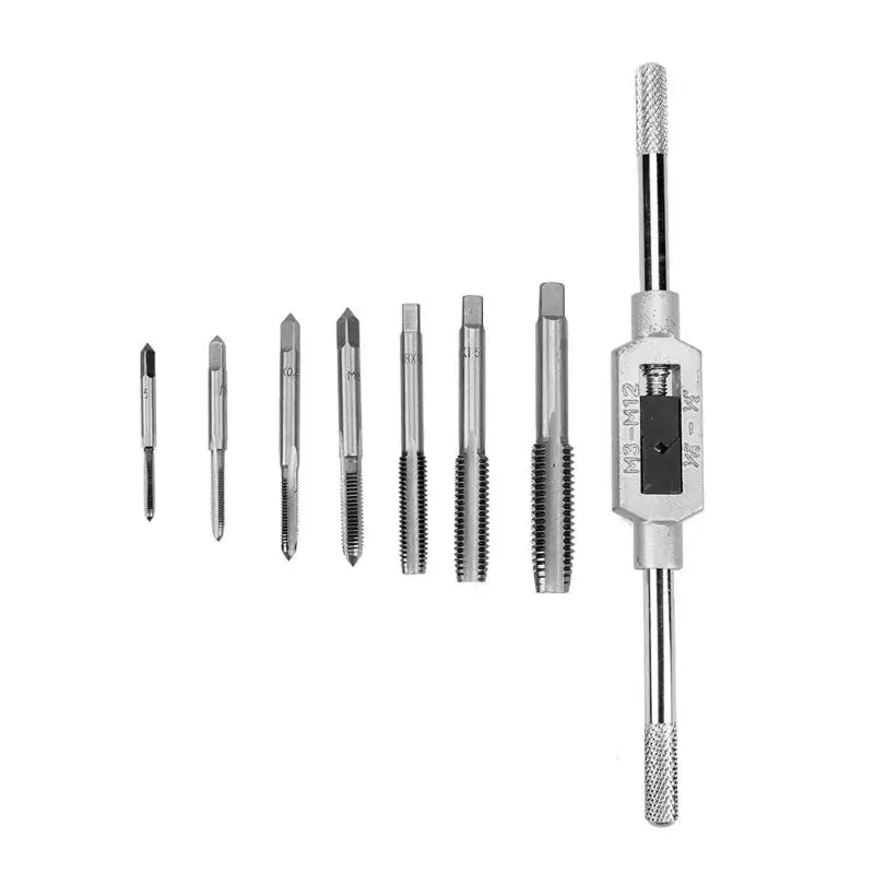 

8pcs Metal Machine Straight Fluted Screw Taps Thread Metric Wrench Holder Hand Hinge Tap Drill Tools M3 M4 M5 M6 M8 M10 M12