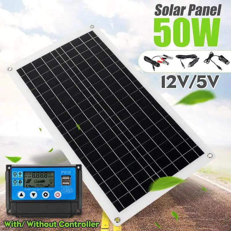 

50W Solar Panel Double USB 12V/5V Solar Cell + 10/20/30/40/50A Regulator Controller For Battery Phone Chargers Cigarette Lighter