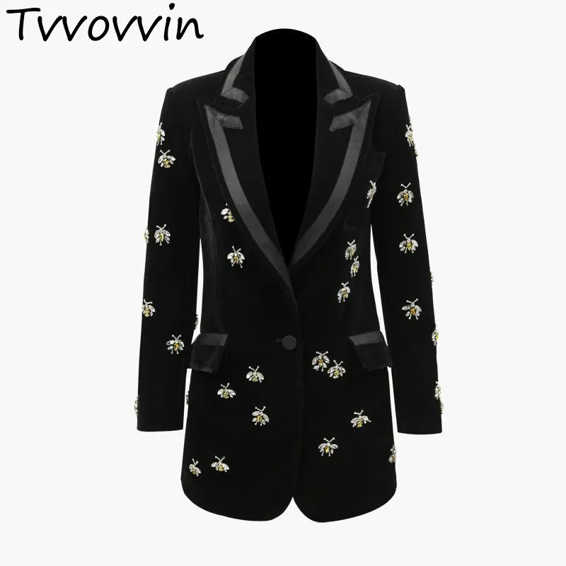 Women Blazer Diamond Drill Velvet Womens Blazers Long Sleeve Ladies Blazer Jacket Single Button Women Jacket Black Coat E287