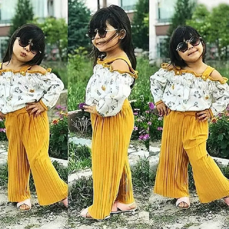 

Pudcoco Girl Set 1Y-6Y Kids Baby Girls Strap Floral Tops Loose Flared Long Pants Summer Clothes Outfits