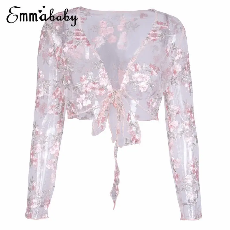 Women Long Sleeve Shirts Transparent See Through Sheer Mesh Fishnet Crop Tops Embroidery Flower Tops Blouse thin Tees Women Long Sleeve Shirts Transparent See Through Sheer Mesh Fishnet Crop Tops Embroidery Flower Tops Blouse thin Tees