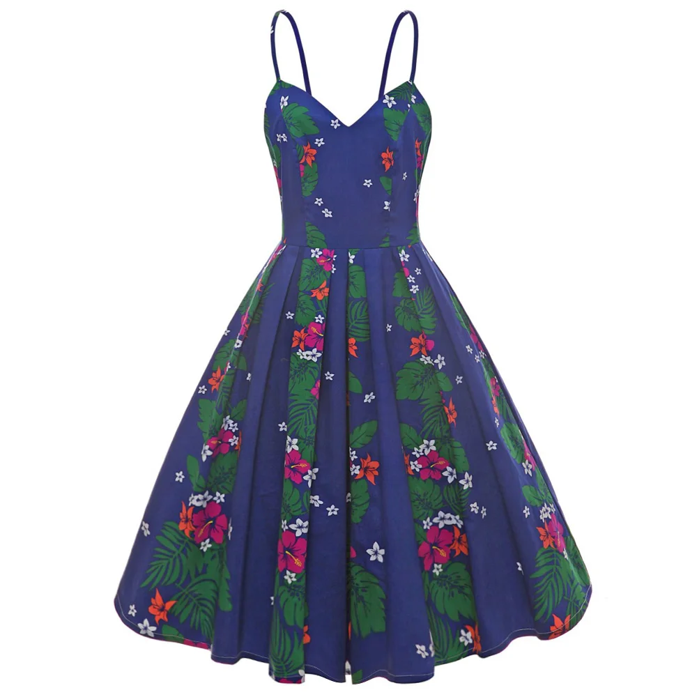

Joineles Floral Leaf Print Women Retro Dress Sleeveless Summer Vintage Dress 60s Rockabilly Swing Party Vestidos Robe Dress New