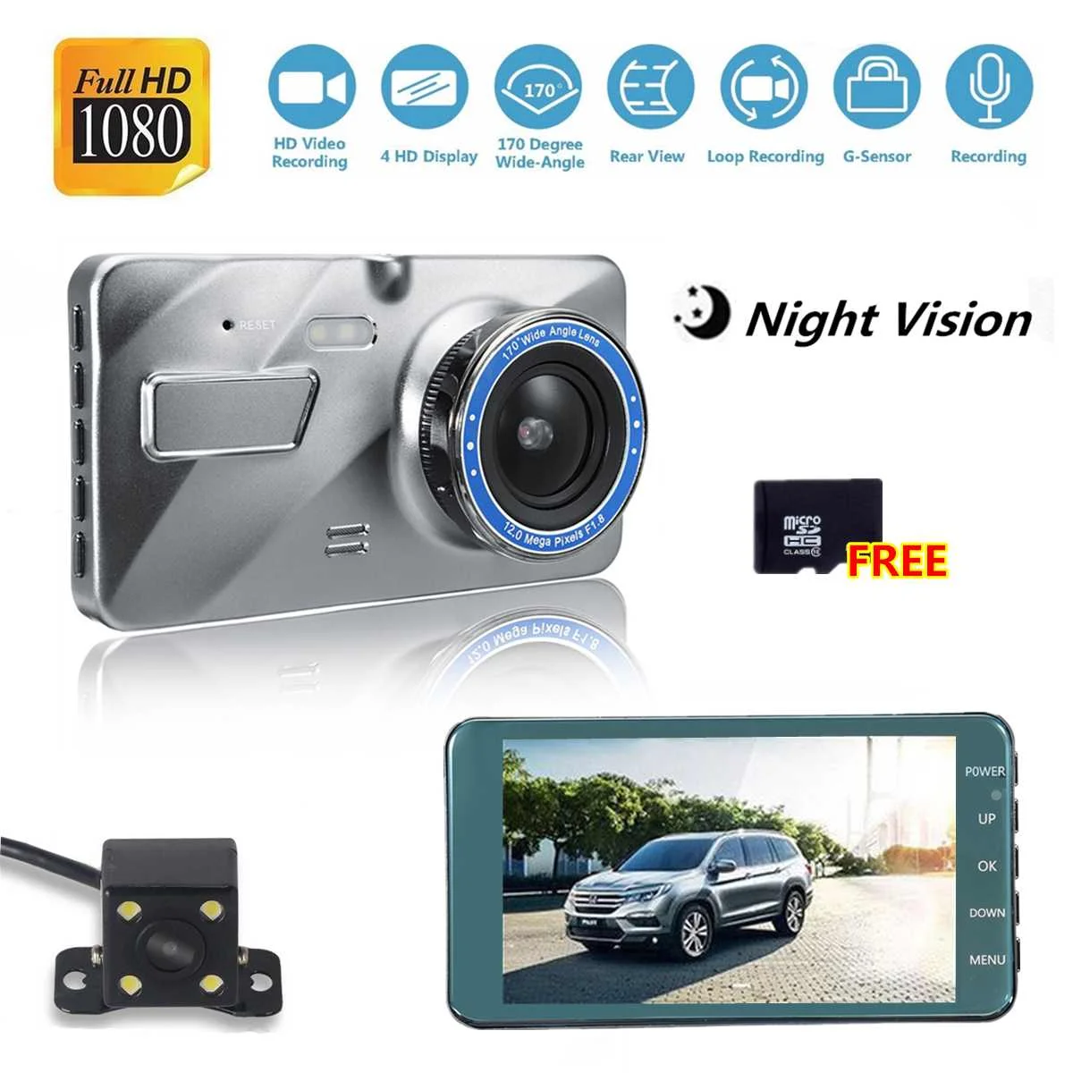 

4 inch IPS HD Dual Lens Car Dash Cam 1080P 170 Degree Wide Angle LED Light High Dynamic Range Driving Recorder Night Vision