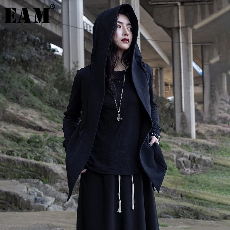 

[EAM] 2019 New Autumn Winter Hooded Long Sleeve Black Personality Irregular Hem Short Jacket Women Coat Fashion Tide JR379
