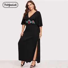 Pickyourlook, женское платье большого размера, летнее, черное, большое, макси платье для женщин, с вышивкой, глубокий v-образный вырез, короткий рукав, Robe Femme Vestidos